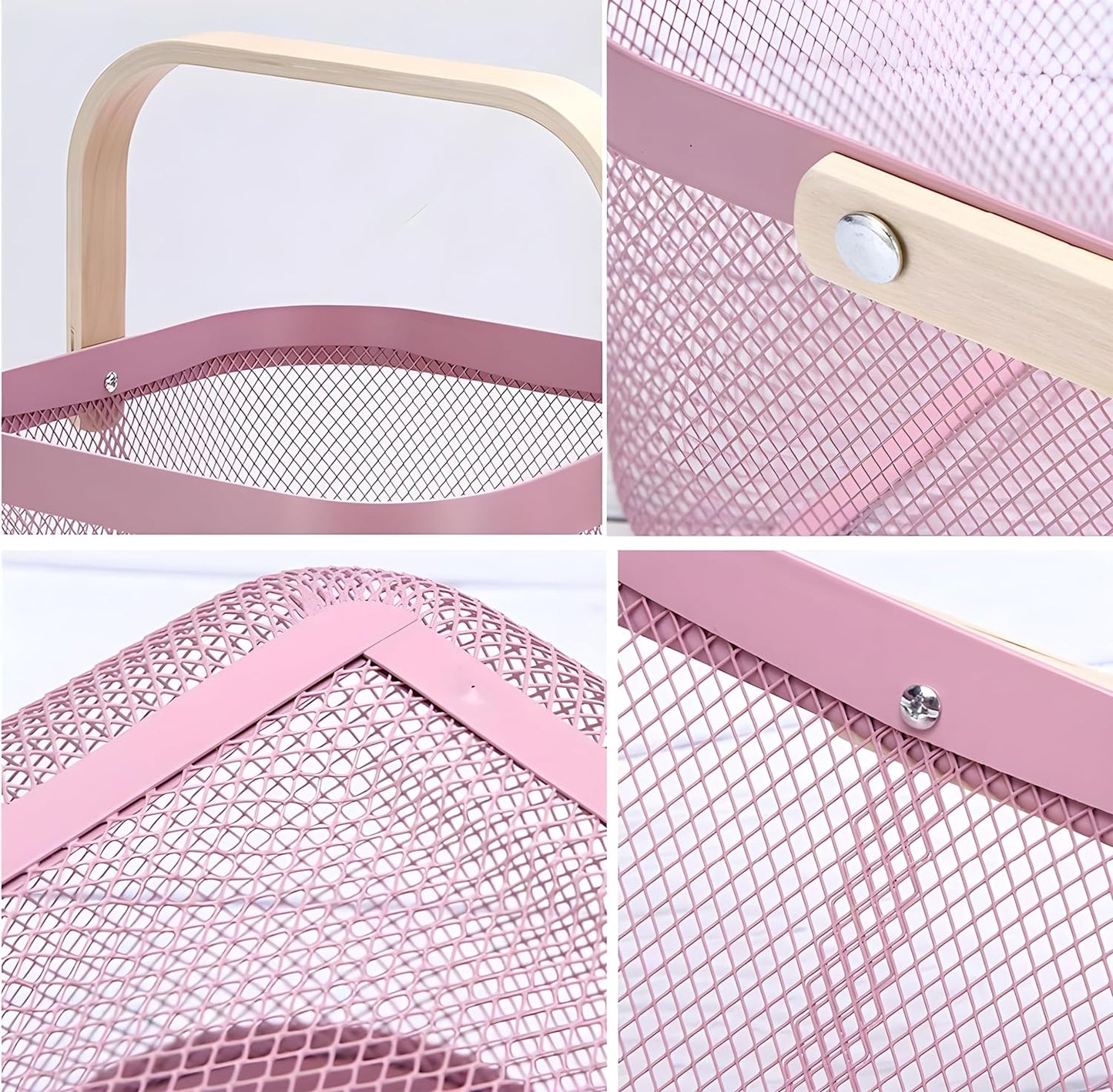 Mesh Steel Basket with Wooden Handle-Square Pink