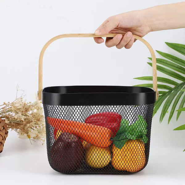 Mesh Steel Basket with Wooden Handle-Square Black(5289)