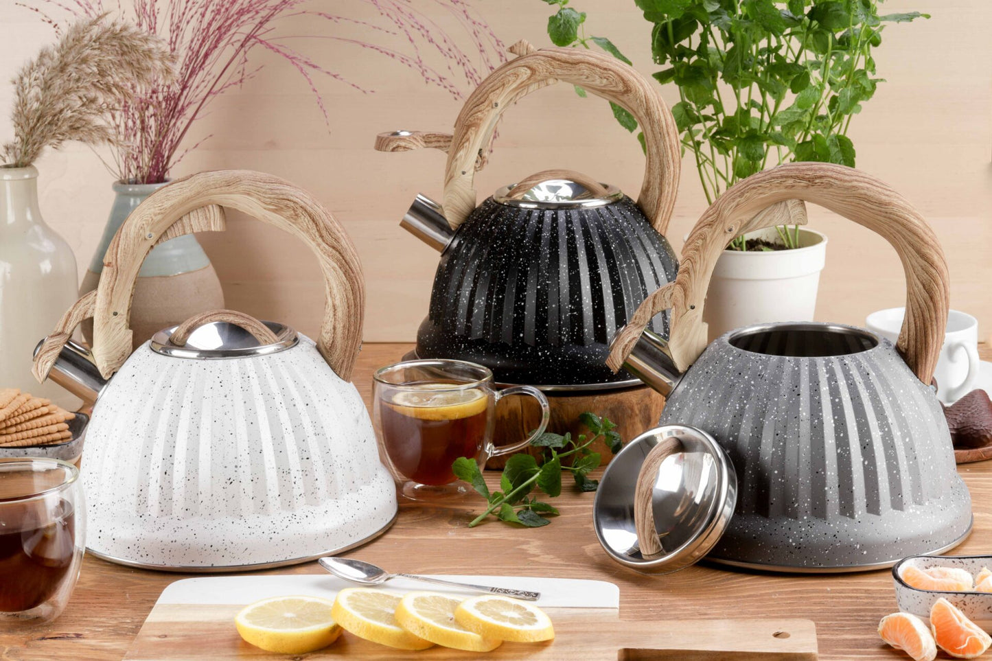 Stainless Steel One Touch Button Whistle Teapot with Anti Scalding Handle Apricot