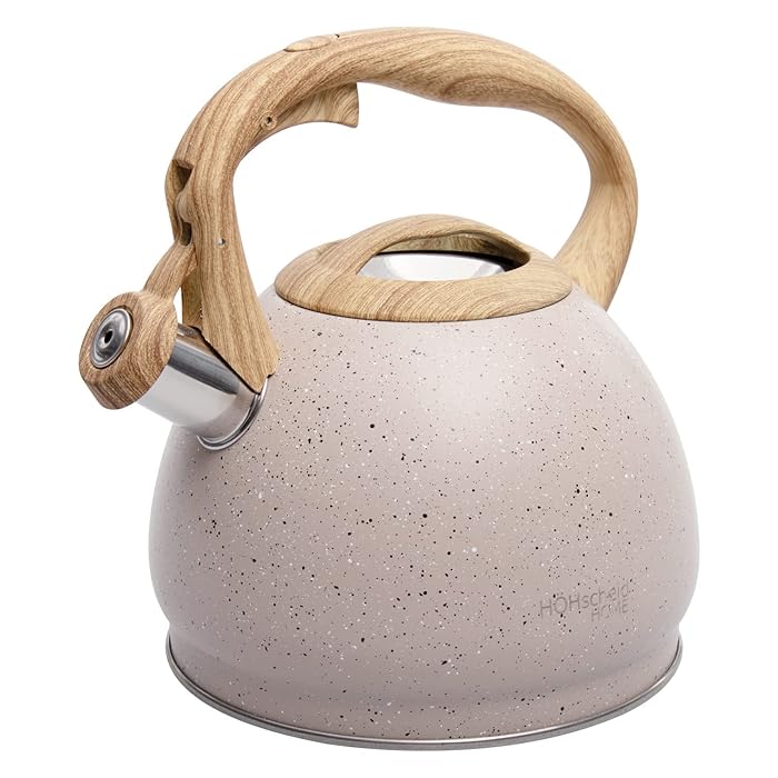 Stainless Steel One Touch Button Whistle Teapot with Anti Scalding Handle-Beige Apricot