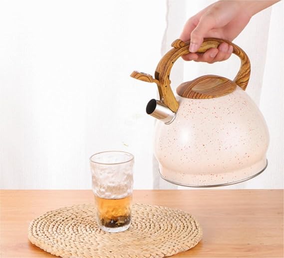 Stainless Steel One Touch Button Whistle Teapot with Anti Scalding Handle-Beige Apricot