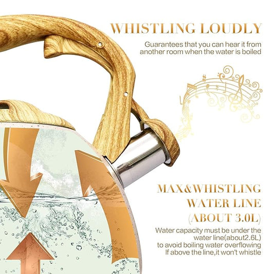 Stainless Steel One Touch Button Whistle Teapot with Anti Scalding Handle-Beige Apricot