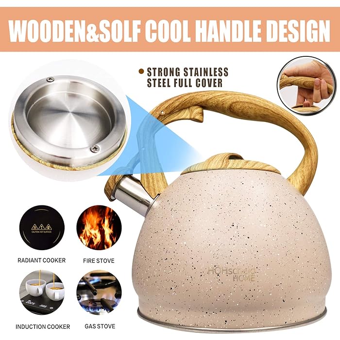 Stainless Steel One Touch Button Whistle Teapot with Anti Scalding Handle-Beige Apricot