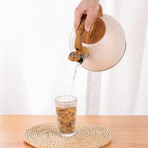 Stainless Steel One Touch Button Whistle Teapot with Anti Scalding Handle-Beige Apricot