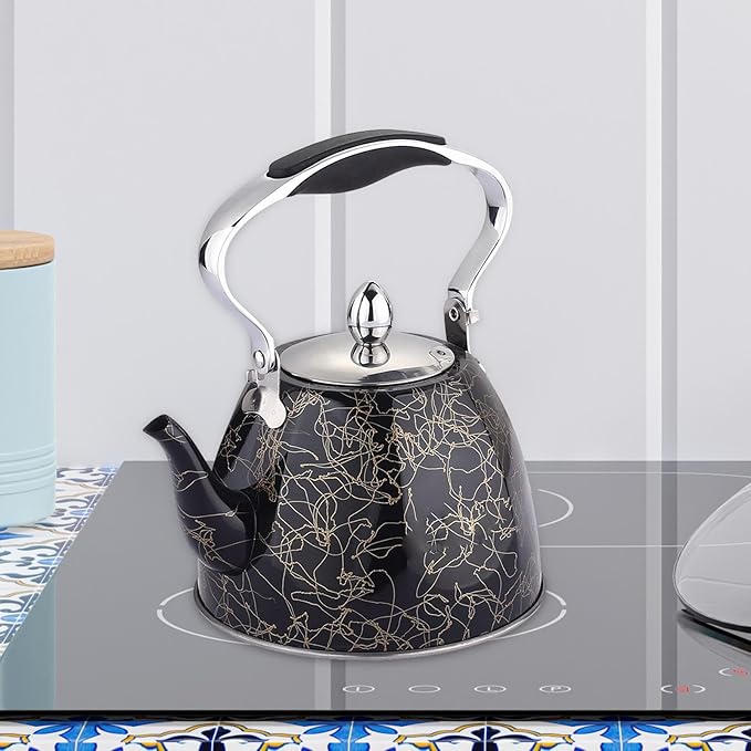 Stainless Steel One Touch Button Whistle Teapot with Anti Scalding Handle-Black Texture Apricot