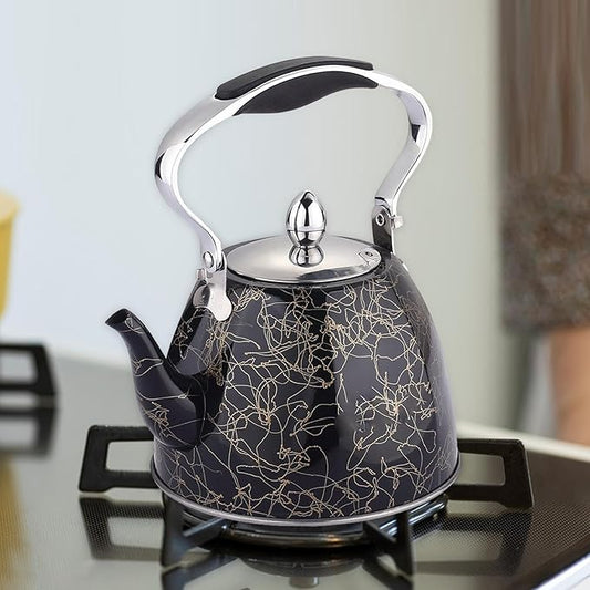 Stainless Steel One Touch Button Whistle Teapot with Anti Scalding Handle-Black Texture  Apricot