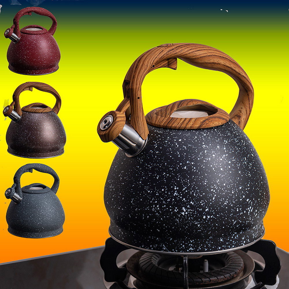 Stainless Steel One Touch Button Whistle Teapot with Anti Scalding Handle-Grey Texture Apricot
