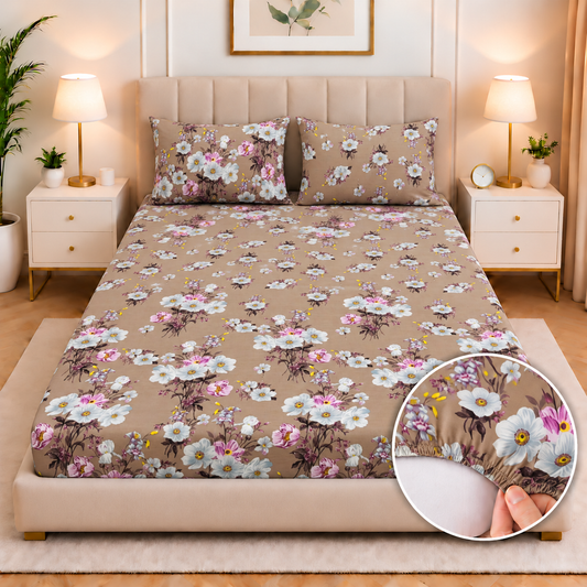 Cotton Fitted Bed Sheet- Mocha Blossom Fitted Sheets Apricot