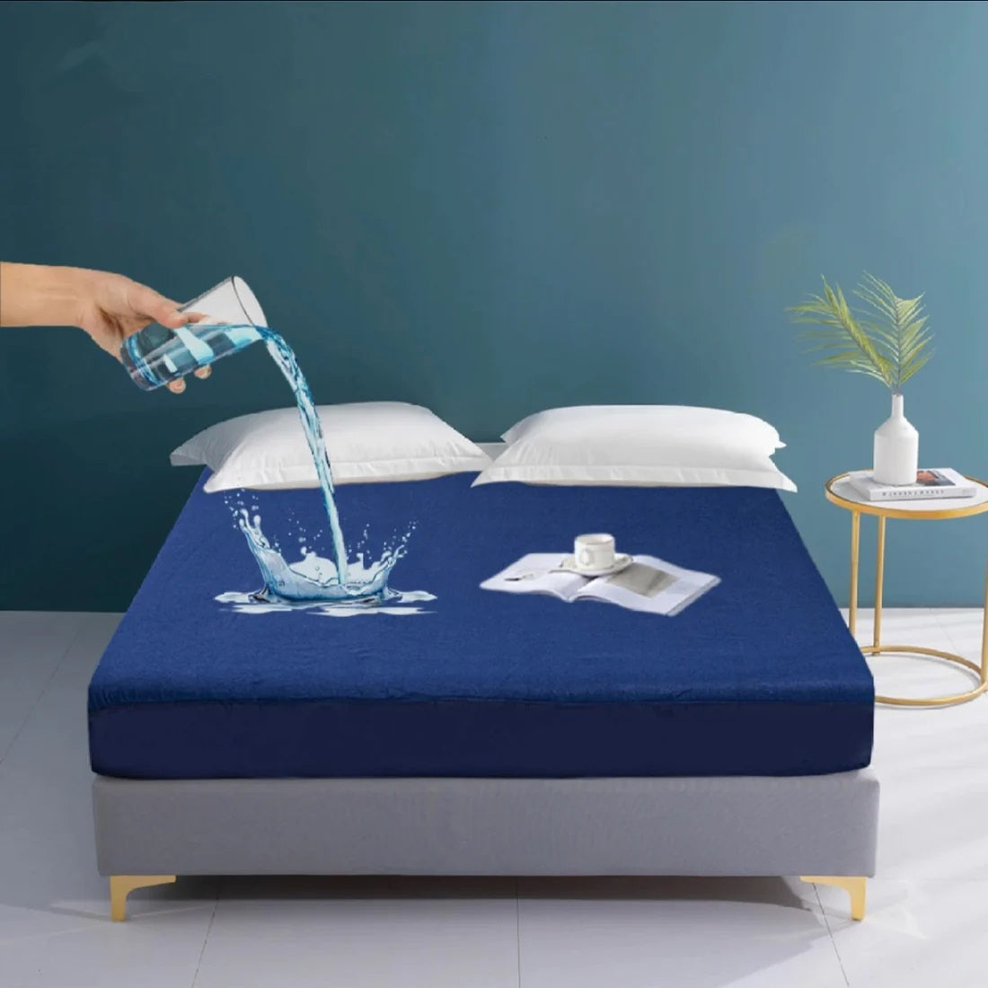 Terry Waterproof Mattress Protector- Navy Blue Apricot