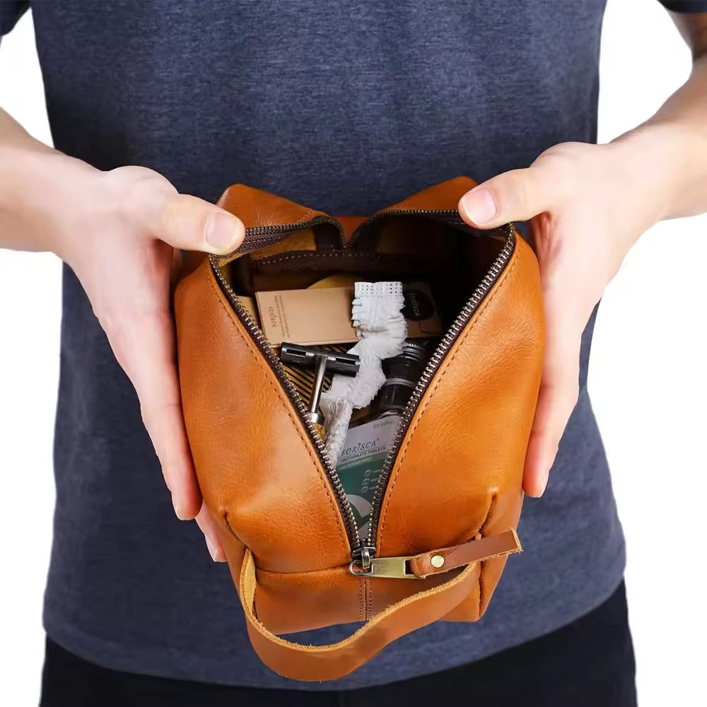 Vintage Luxury Men Toiletry Bag Travel Kit-Brown Cosmetic Organizer Apricot