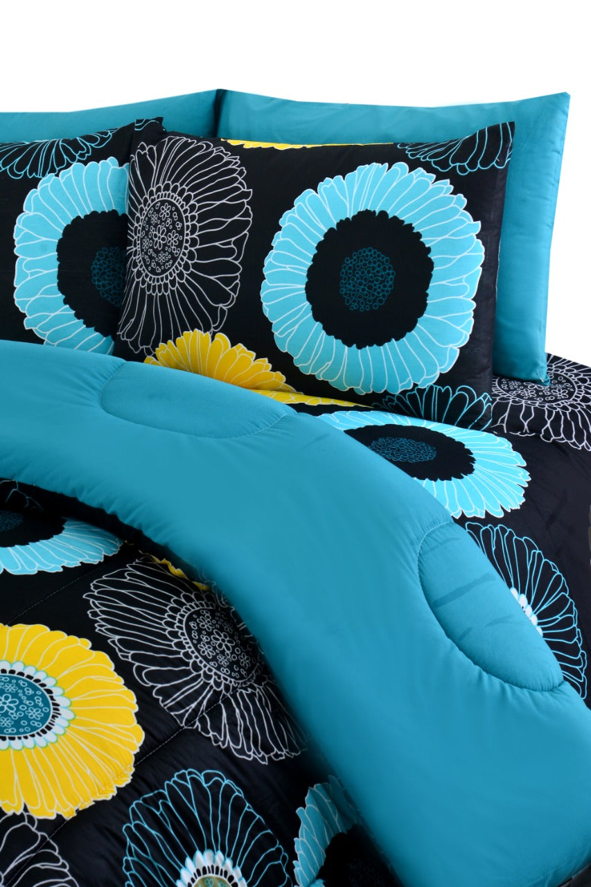6 PCs Winter Comforter Set-Sun Flower(With Turquoise Reverse) Comforters Apricot