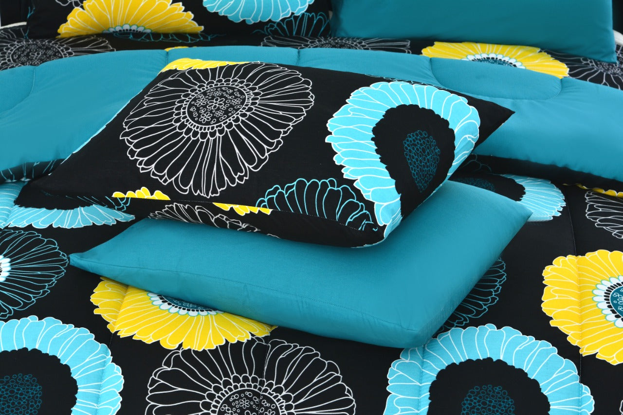 6 PCs Winter Comforter Set-Sun Flower(With Turquoise Reverse) Comforters Apricot