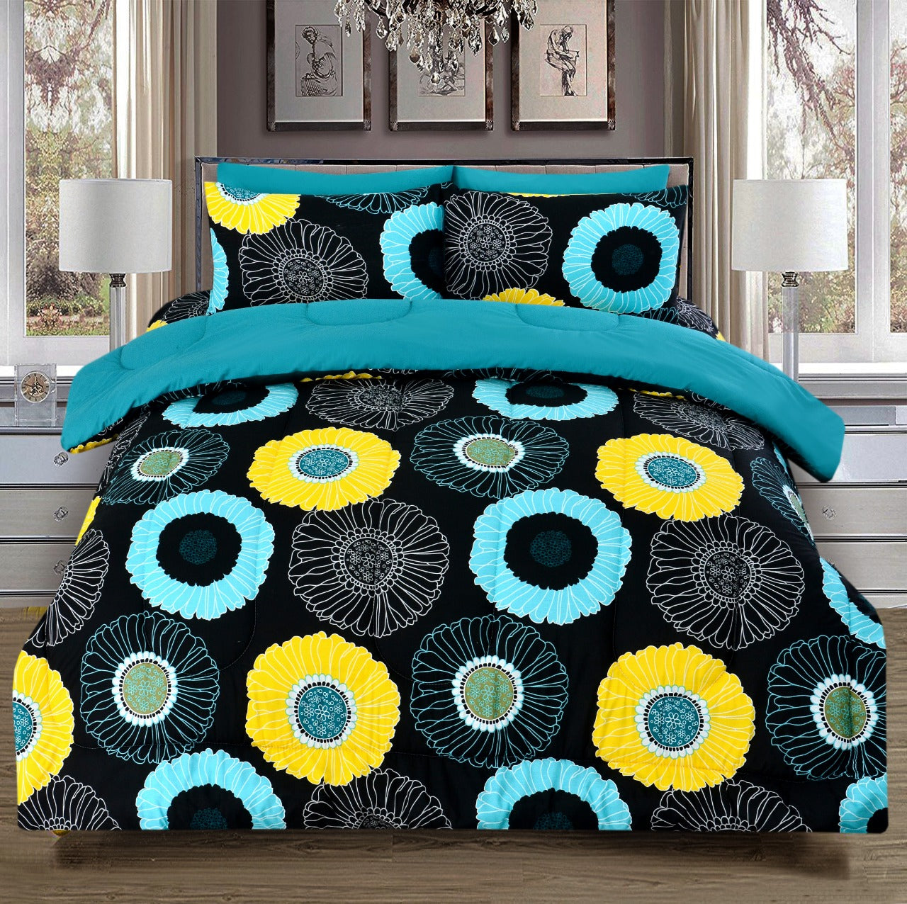 6 PCs Winter Comforter Set-Sun Flower(With Turquoise Reverse) Comforters Apricot
