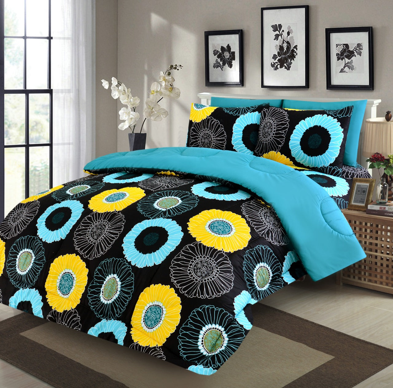 6 PCs Winter Comforter Set-Sun Flower(With Turquoise Reverse) Comforters Apricot