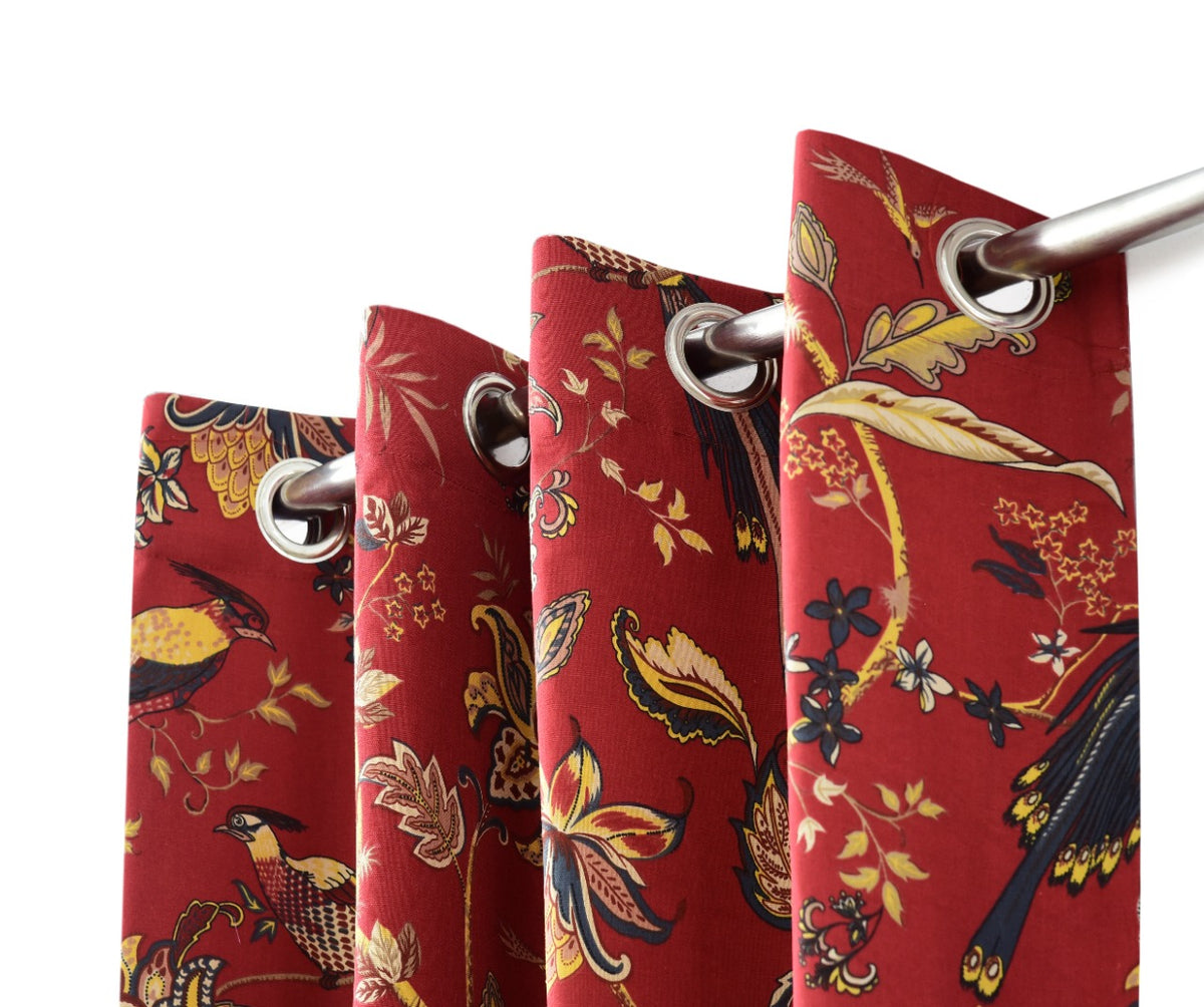 2 PCs Duck Curtains Panel- Maroon Birds Curtains Apricot