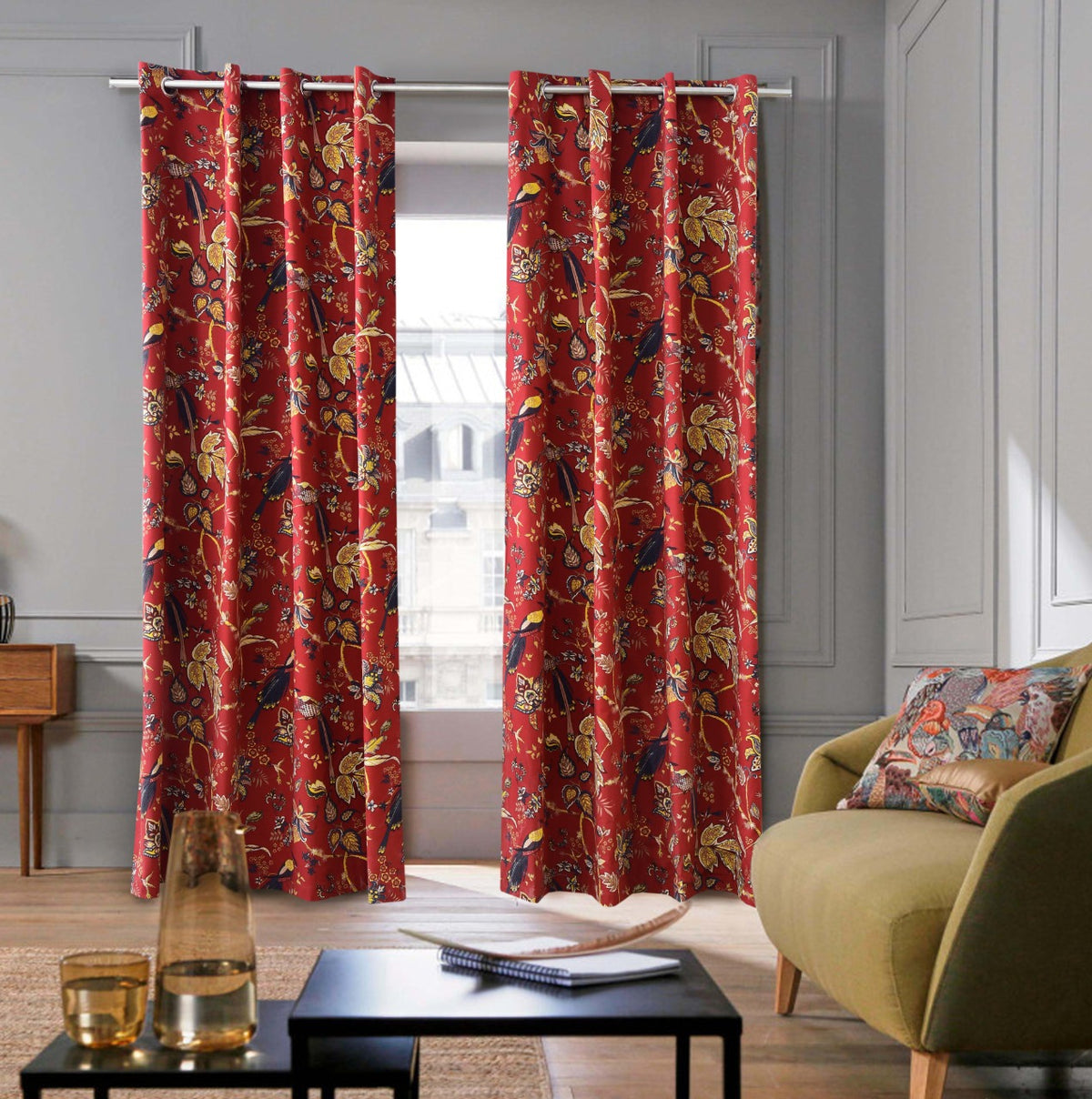2 PCs Duck Curtains Panel- Maroon Birds Curtains Apricot