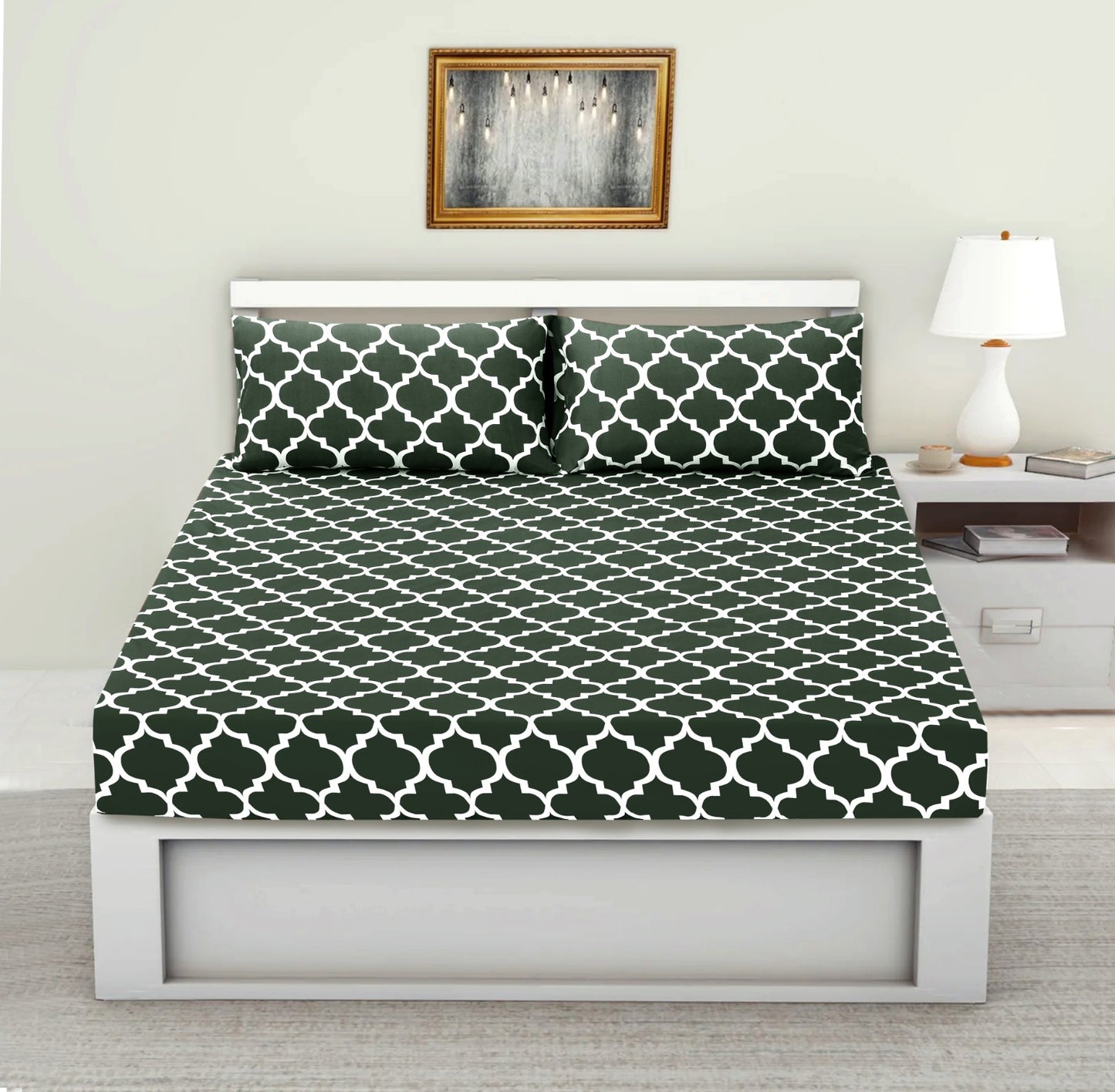 Fitted Bed Sheet-Olive Geometric Fitted Sheets Apricot
