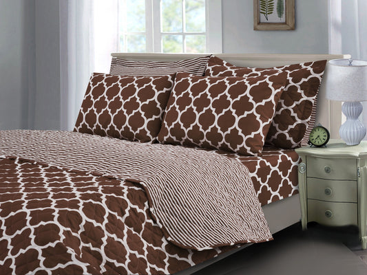 6 PCs Printed Bed Spread Set-Brown Geometric Bed Spread Apricot