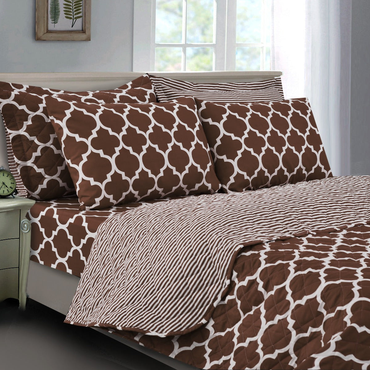 6 PCs Printed Bed Spread Set-Brown Geometric Bed Spread Apricot