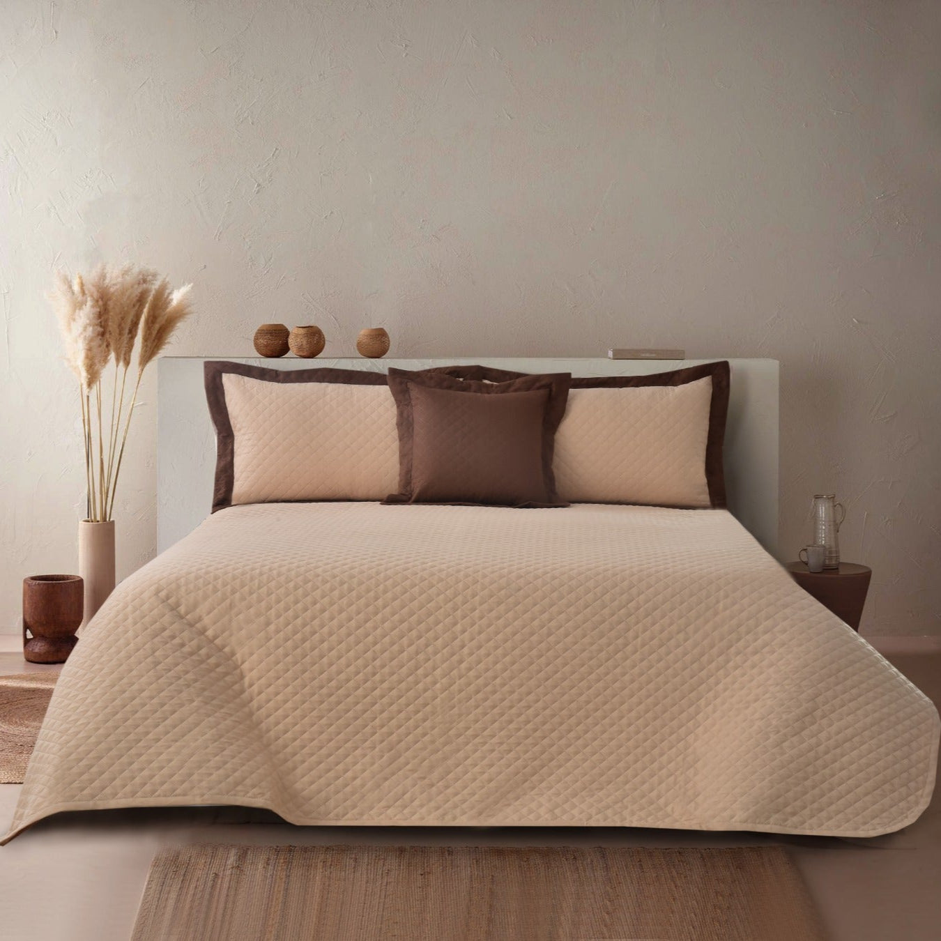 4 PCs Printed Bed Spread Set-Brown Over Beige Bed Spread Apricot