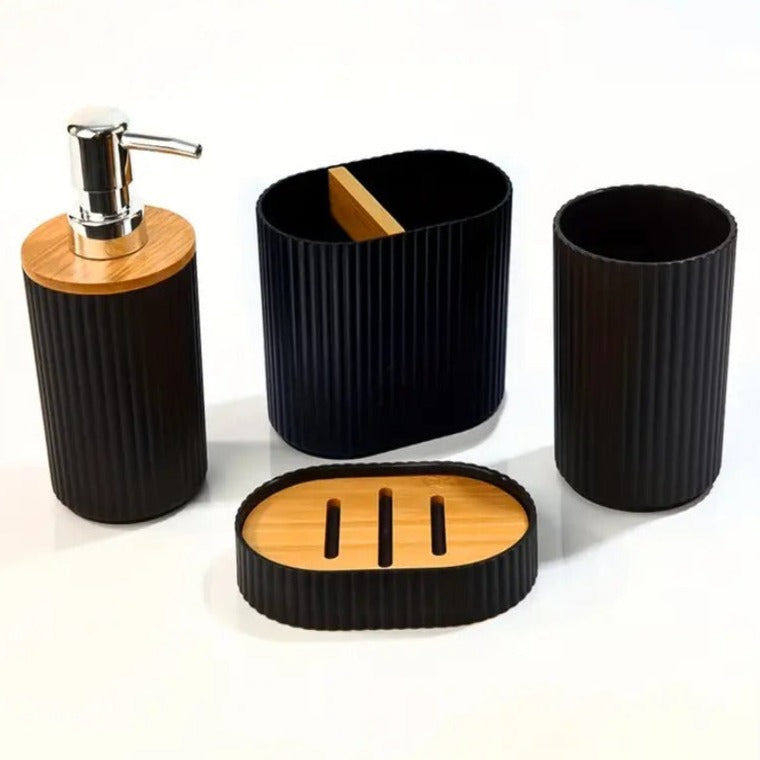 4 PCs Wooden Lid Bath Accessories Set-(2591)Black Lines