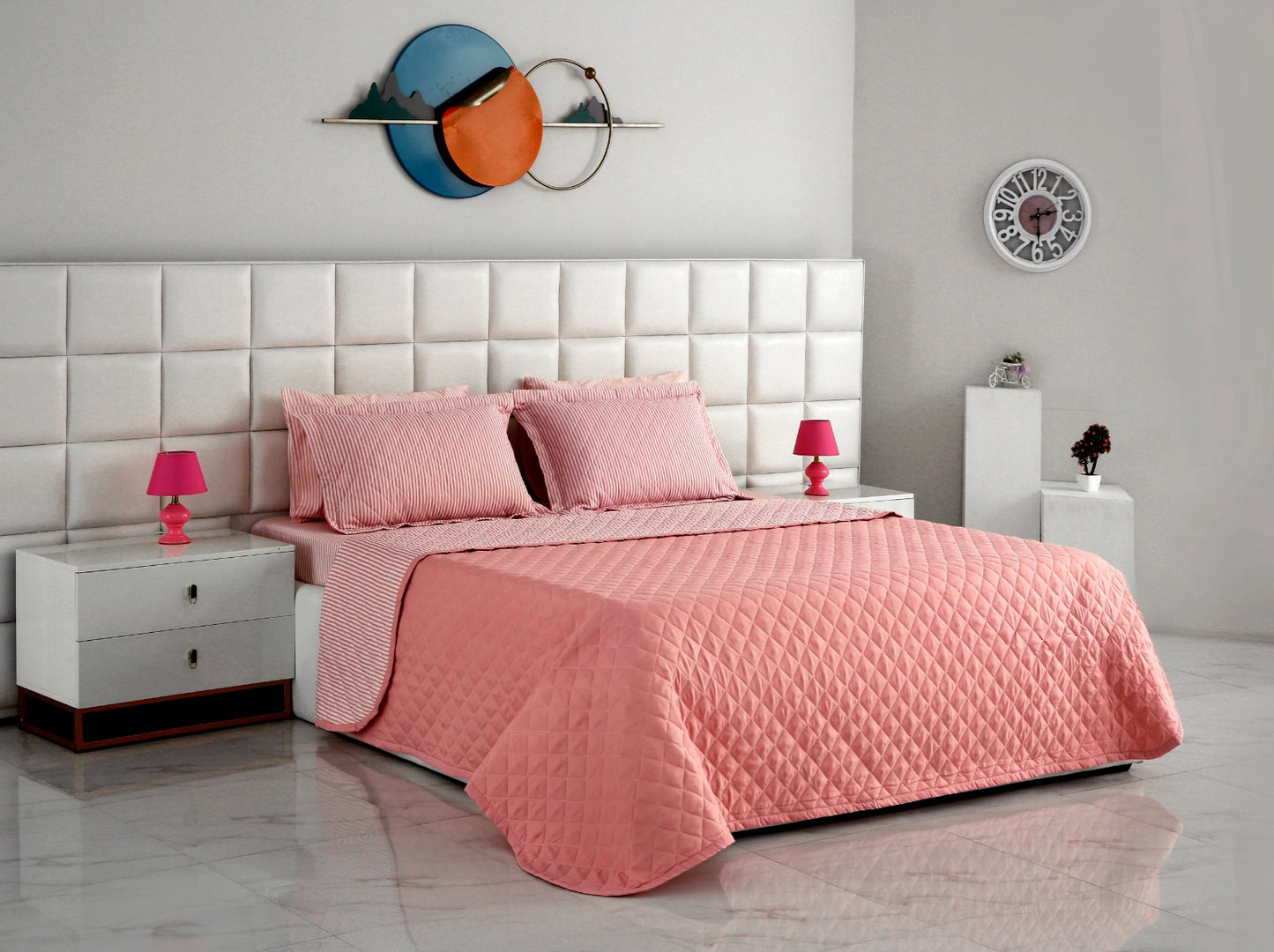 6 PCs Reversible Bed Spread Set-Pink Stripes