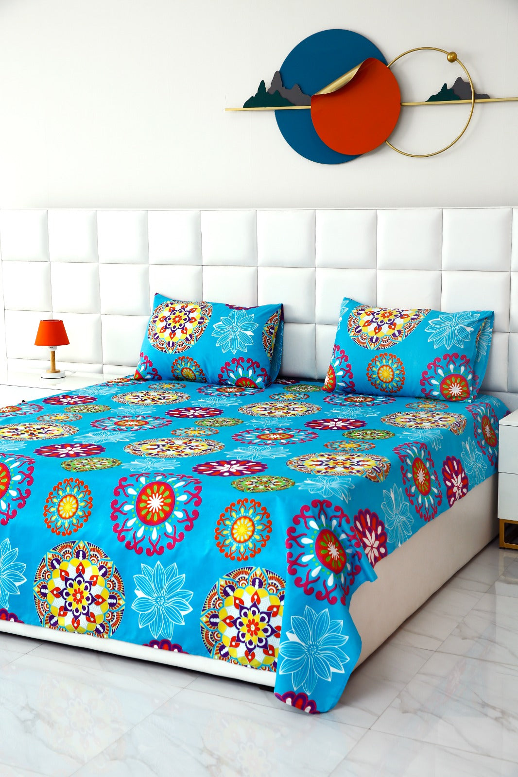 3 PCs Double Bed Sheet-Turquoise Flower Bed Sheets Apricot