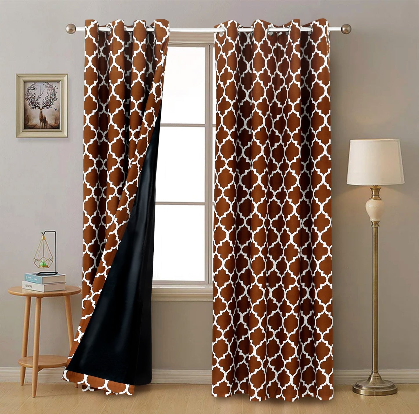 2 PCs Blackout Room Curtains-Brown Geometric Curtains Apricot
