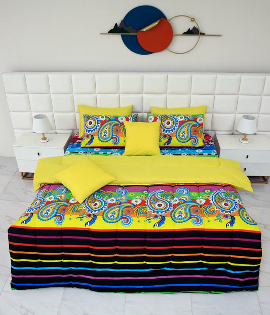 5 PCs Single Comforter Set-Multi Flower (Yellow Reverse) Comforters Apricot