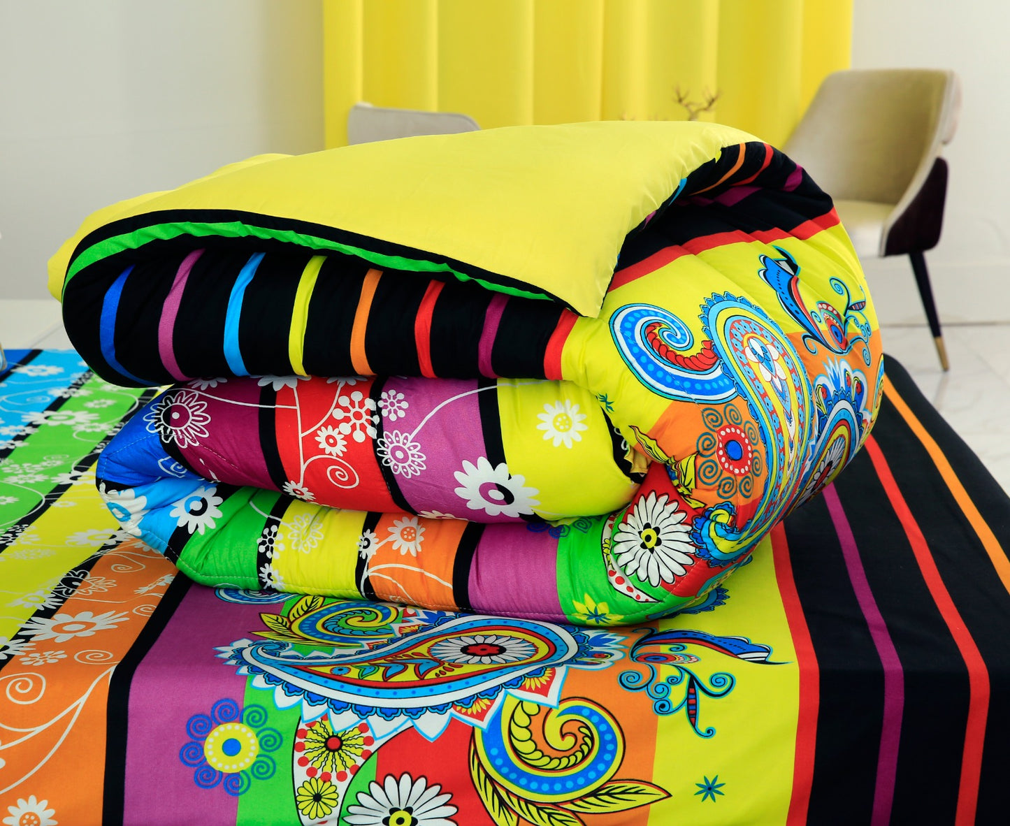 5 PCs Single Comforter Set-Multi Flower (Yellow Reverse) Comforters Apricot