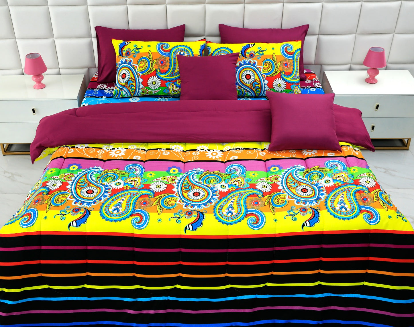 5 PCs Single Comforter Set-Multi Flower (Plum Reverse) Comforters Apricot