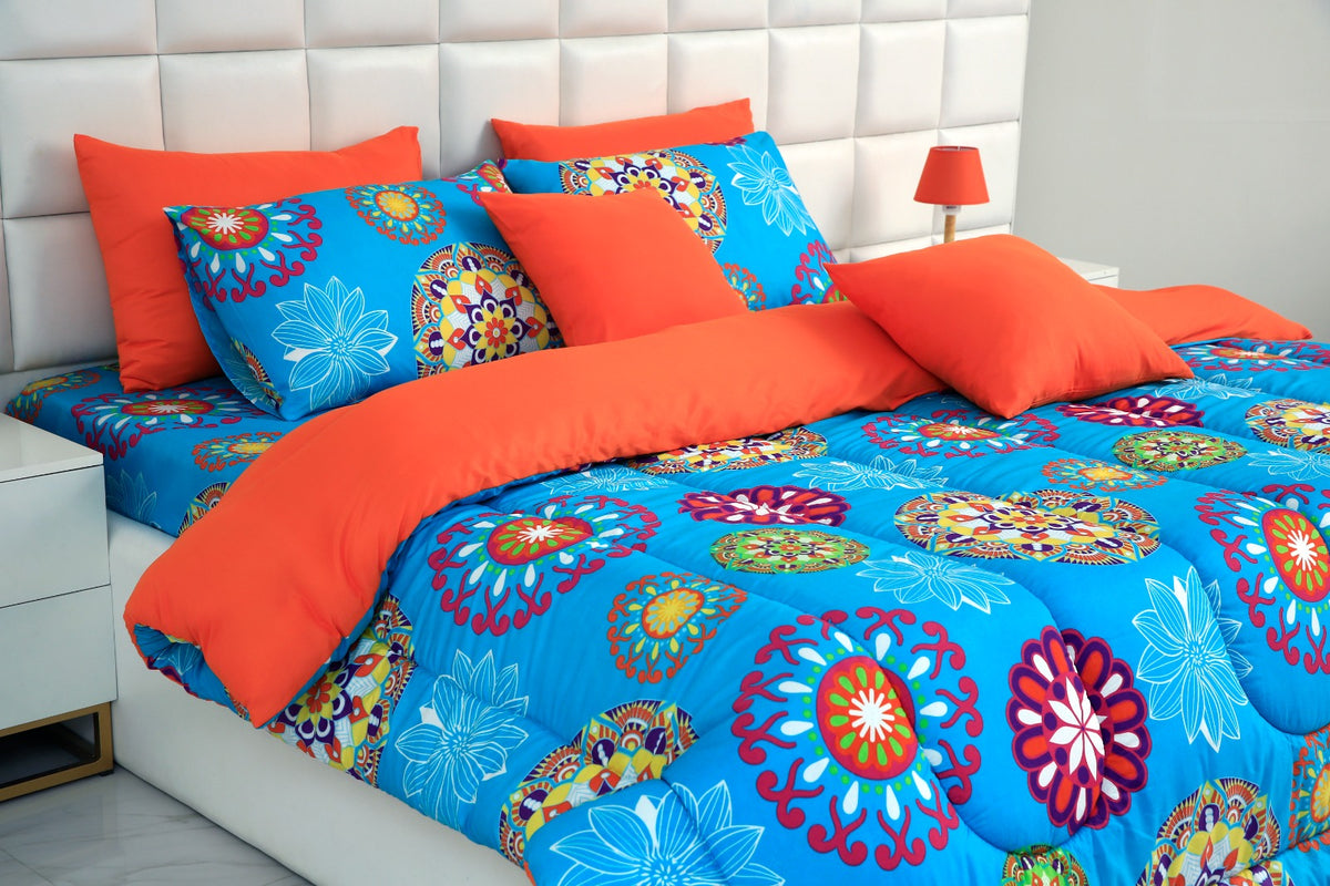 8 PCs Winter Comforter Set- Turquoise Flower Comforters Apricot