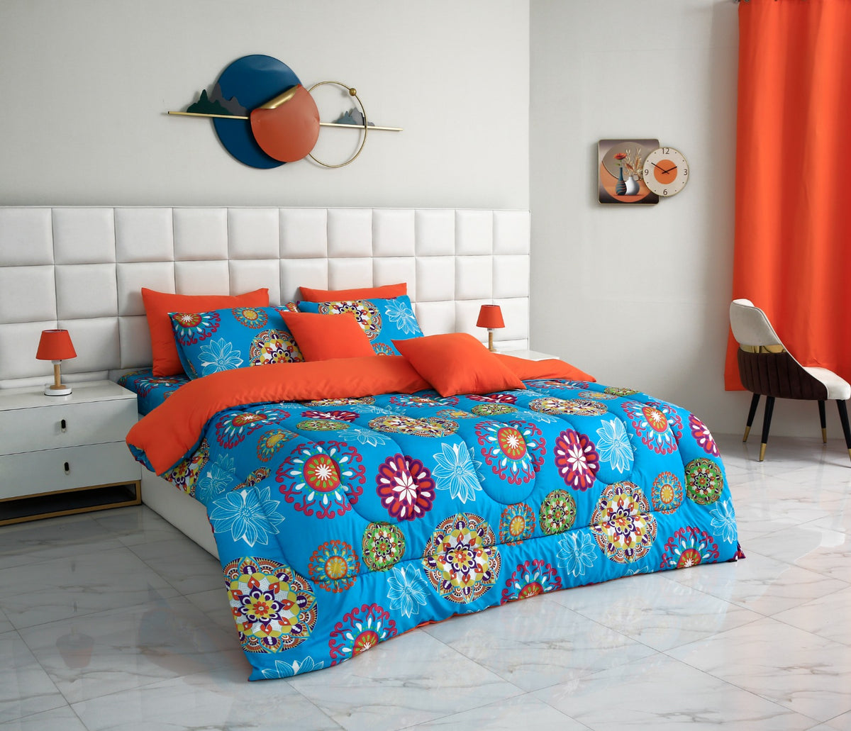 8 PCs Winter Comforter Set- Turquoise Flower Comforters Apricot