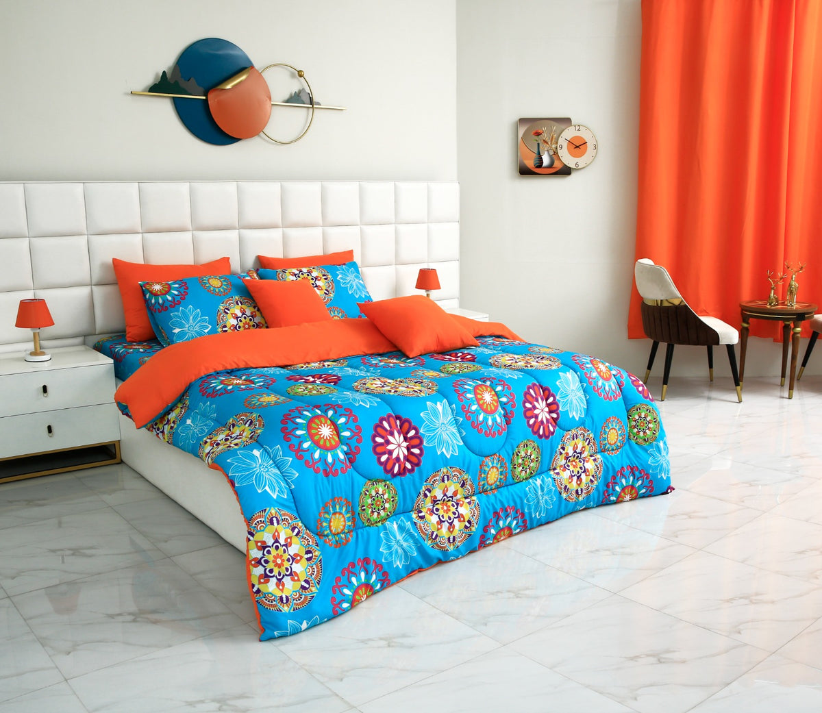 8 PCs Winter Comforter Set- Turquoise Flower Comforters Apricot