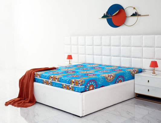 Zipper Mattress Cover Printed-Turquoise Flower Protectors Apricot