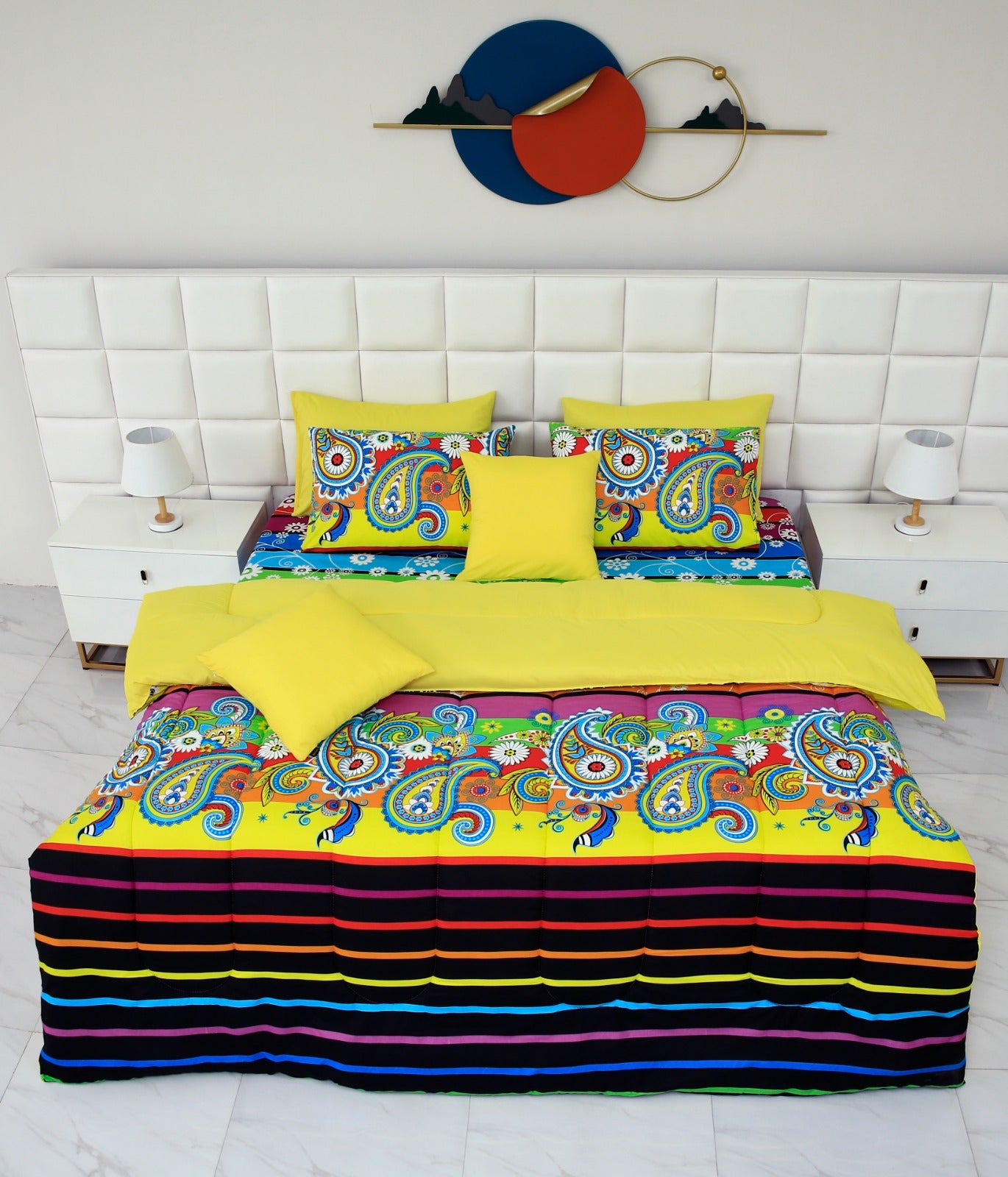 8 PCs Winter Comforter Set-Multi Flowers(Yellow Reverse) Comforters Apricot