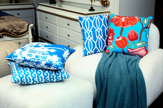 4 PCs Digital Printed Cotton Cushions-BLUE ART cushions Apricot