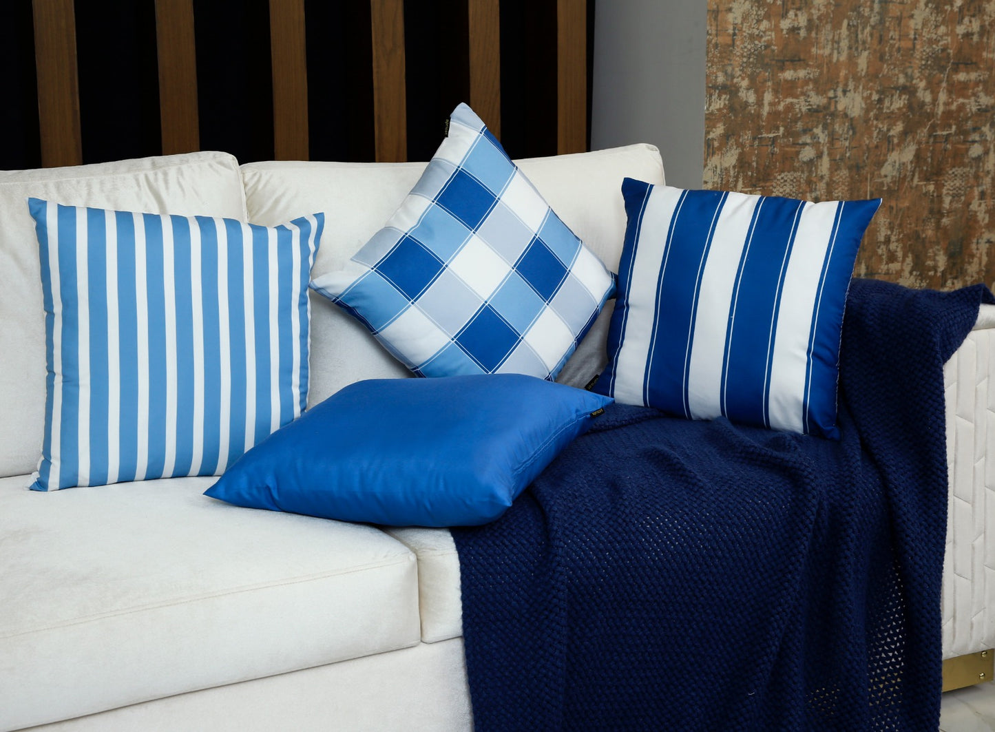 4 PCs Digital Printed Cotton Cushions-Blue Check cushions Apricot