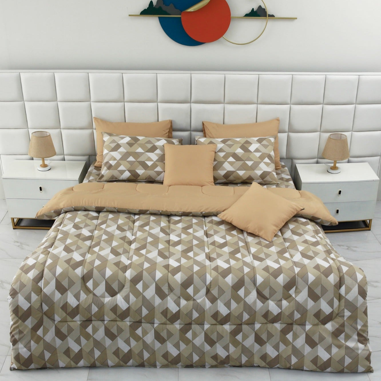 8 PCs Winter Comforter Set-Beige Triangle
