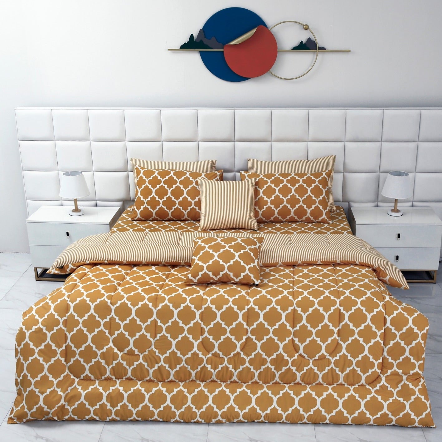 8 PCs Winter Comforter Set-Mustard Geometric Comforters Apricot