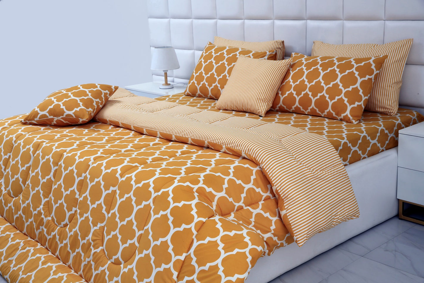 8 PCs Winter Comforter Set-Mustard Geometric Comforters Apricot