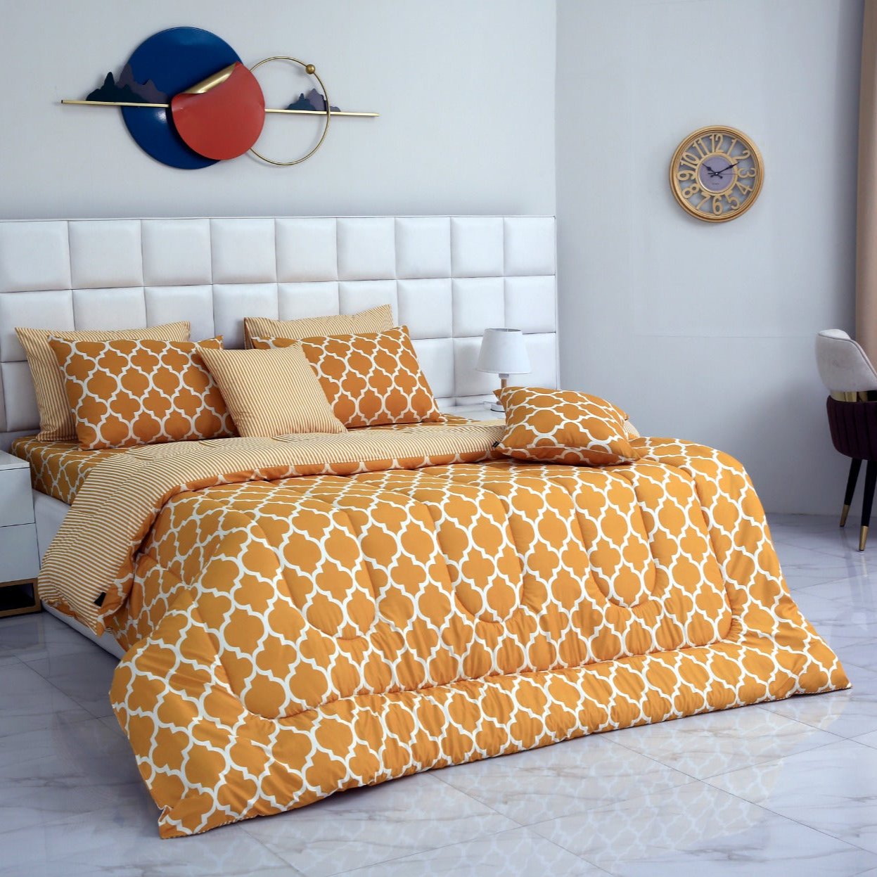 8 PCs Winter Comforter Set-Mustard Geometric Comforters Apricot