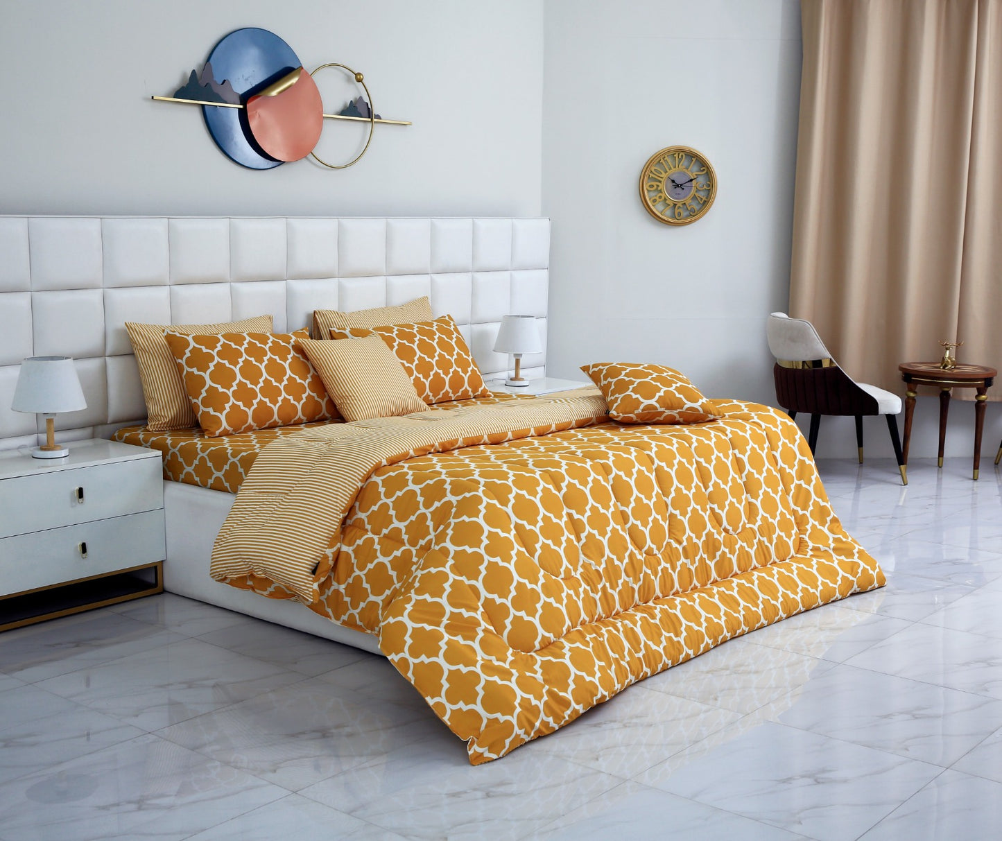 8 PCs Winter Comforter Set-Mustard Geometric Comforters Apricot