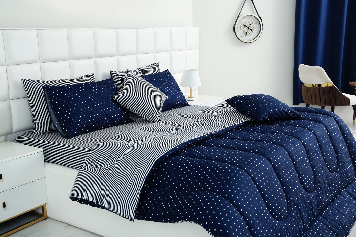8 PCs Winter Comforter Set-Blue Polka Comforters Apricot