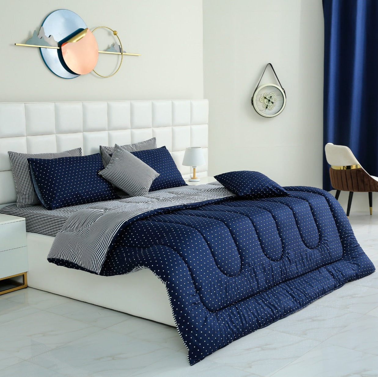 8 PCs Winter Comforter Set-Blue Polka Comforters Apricot