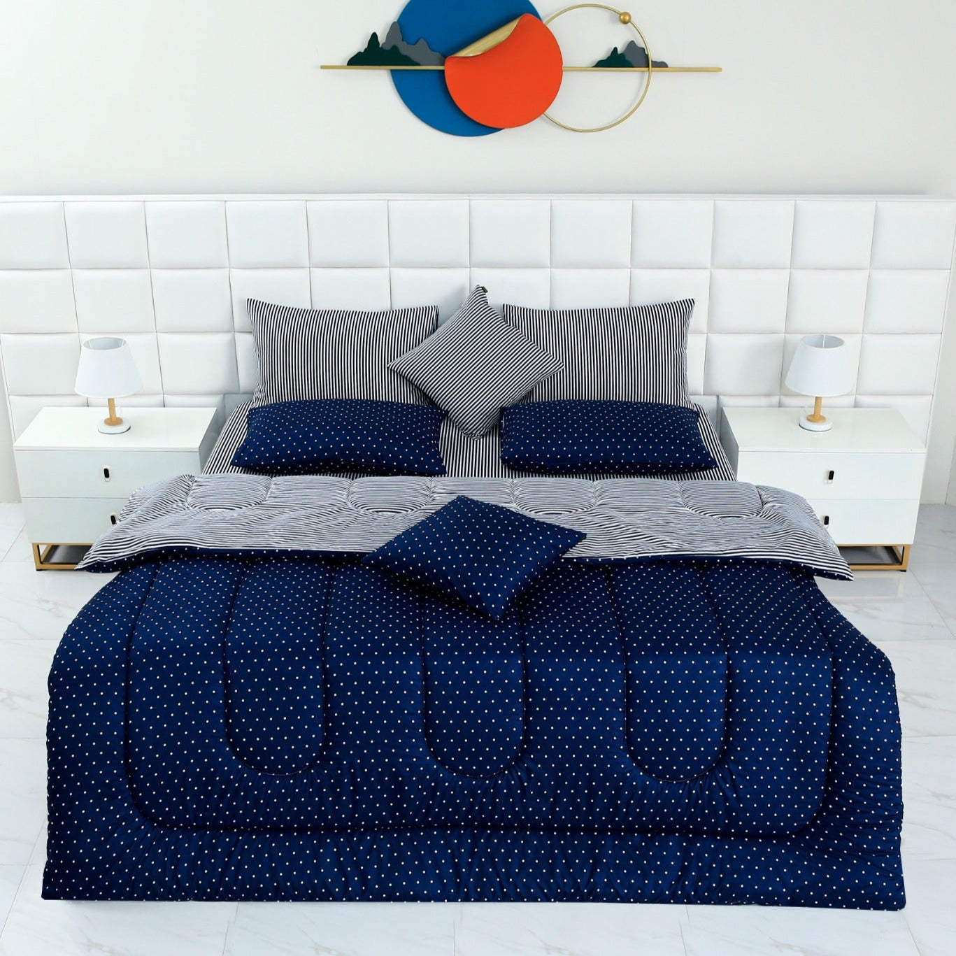 8 PCs Winter Comforter Set-Blue Polka Comforters Apricot