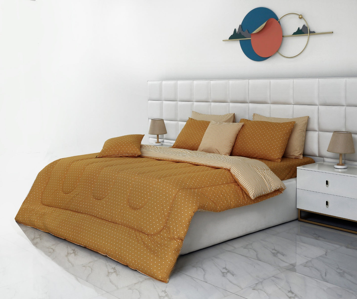 8 PCs Winter Comforter Set-Mustard Polka