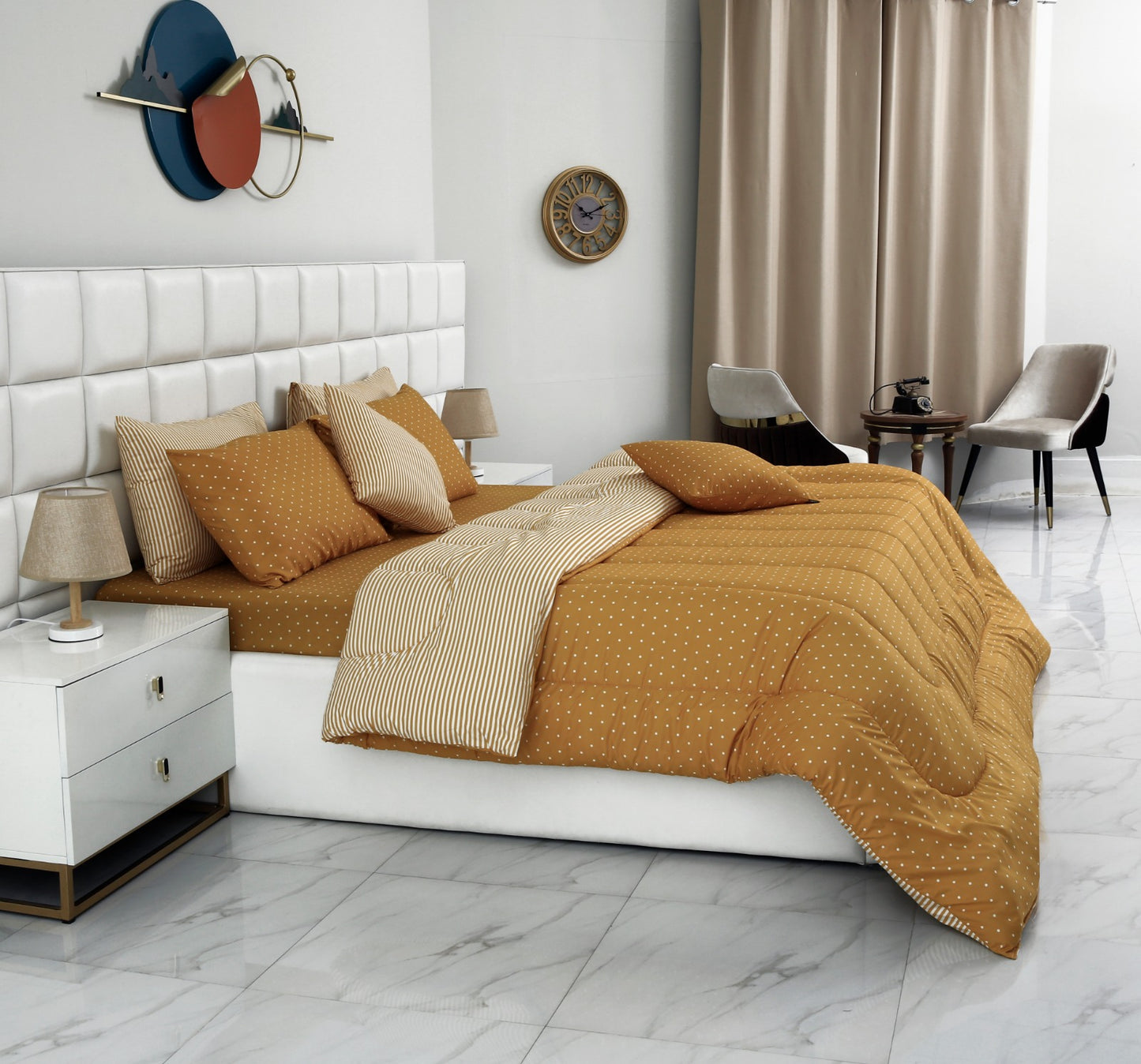 8 PCs Winter Comforter Set-Mustard Polka
