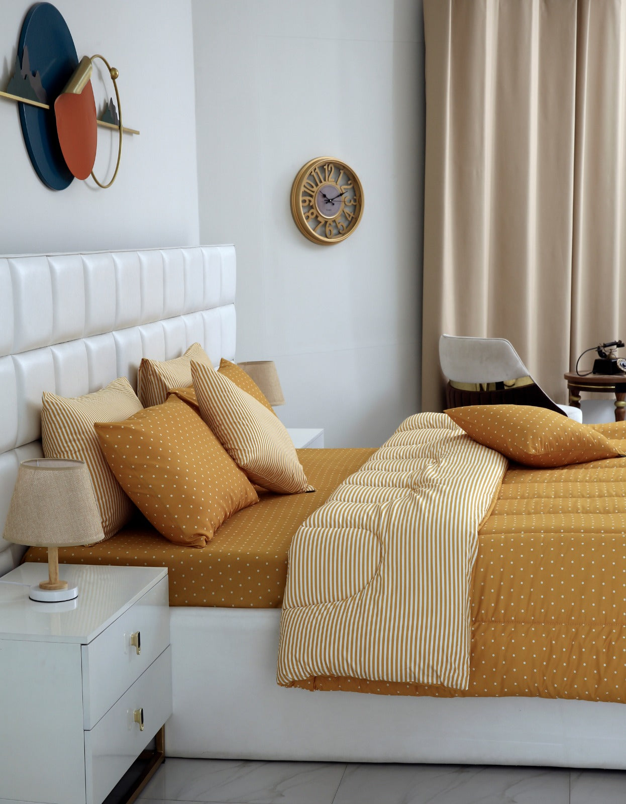 8 PCs Winter Comforter Set-Mustard Polka