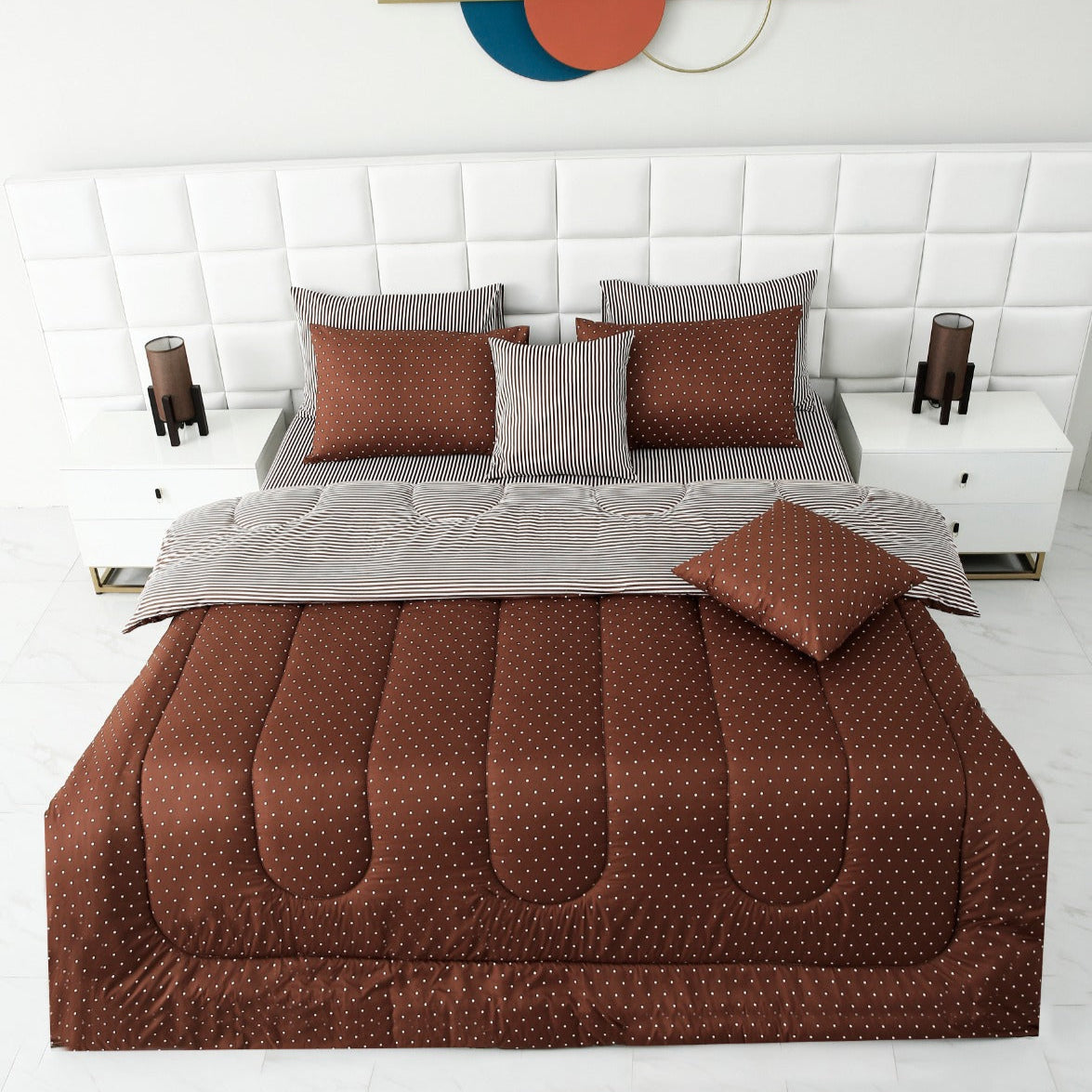 8 PCs Winter Comforter Set-Brown Polka Comforters Apricot